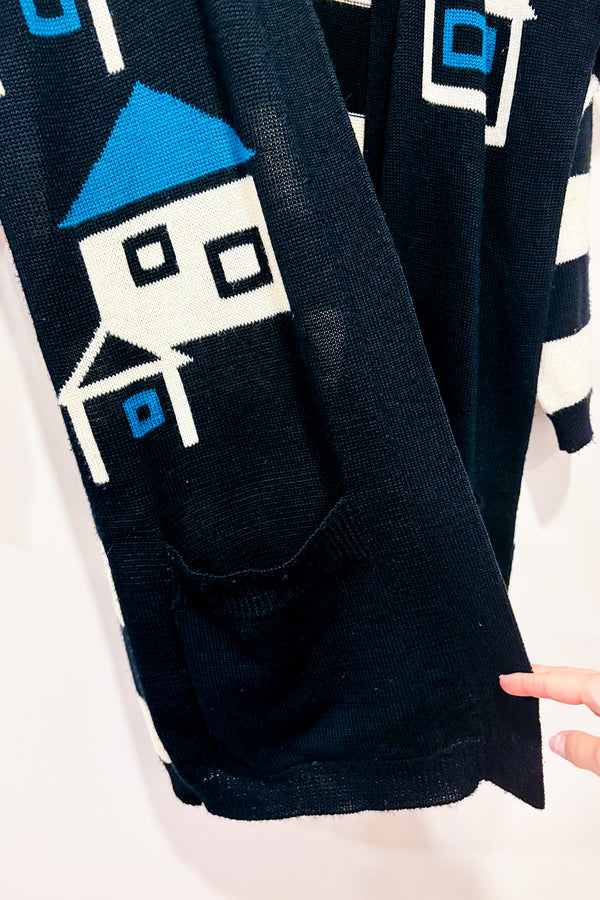 Cardigan ouvert vintage en laine marine et blanc (s)-Lyse Spenard-La Penderie du Paradis 🕊