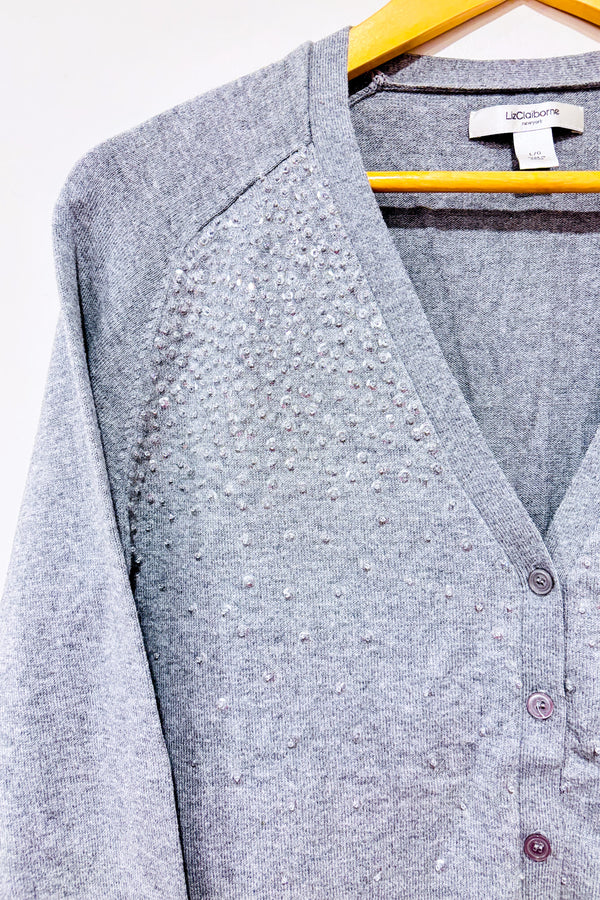 Cardigan gris avec petites perles (l)-Liz Claiborne-La Penderie du Paradis 🕊