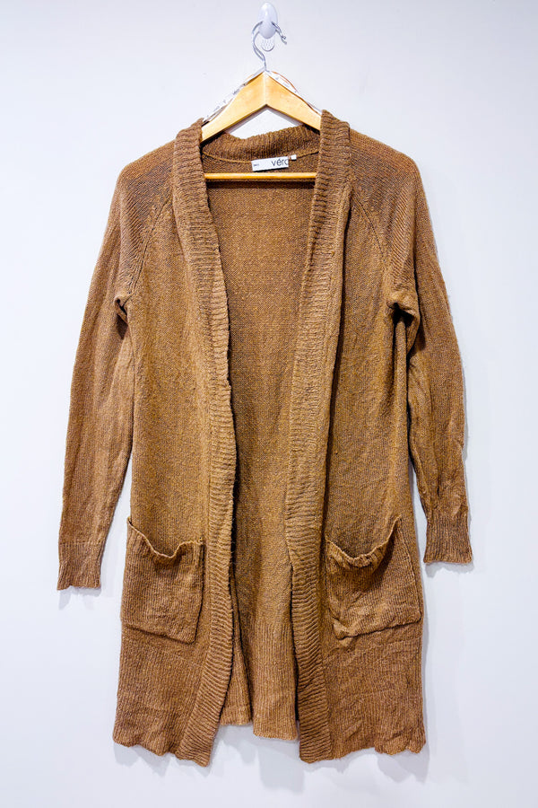 Cardigan ouvert taupe en tricot seconde main - Véro Collection- La Penderie du Paradis
