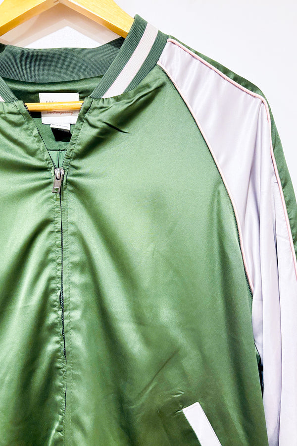 Veste bomber satinée verte et crème brodée ''fly away''* seconde main - Forever21- La Penderie du Paradis