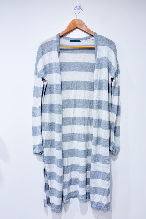 Cardigan ouvert long gris et crème rayé seconde main - Caroline Grace- La Penderie du Paradis