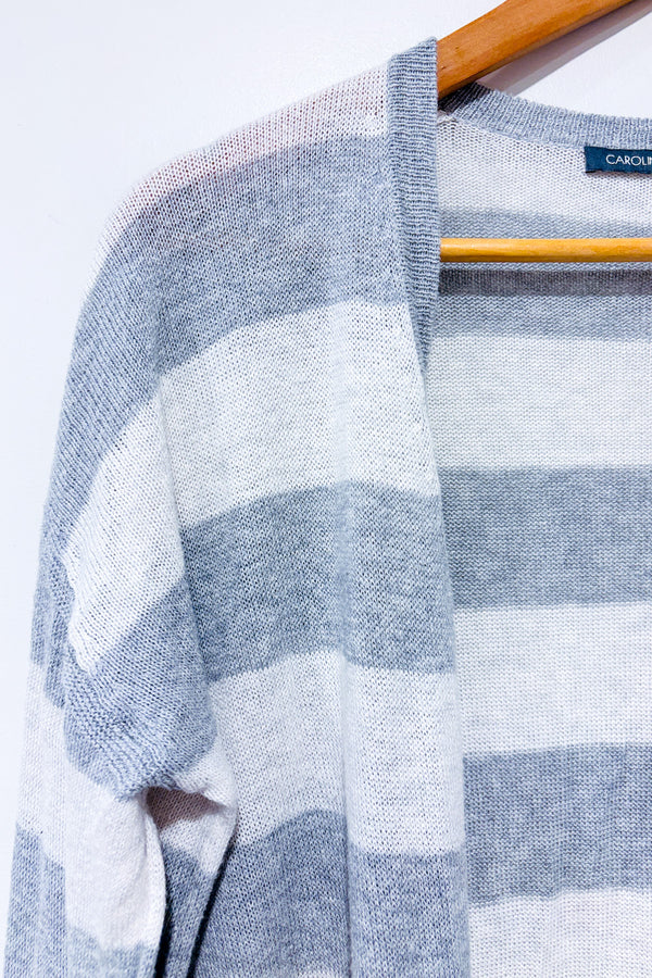 Cardigan ouvert long gris et crème rayé seconde main - Caroline Grace- La Penderie du Paradis