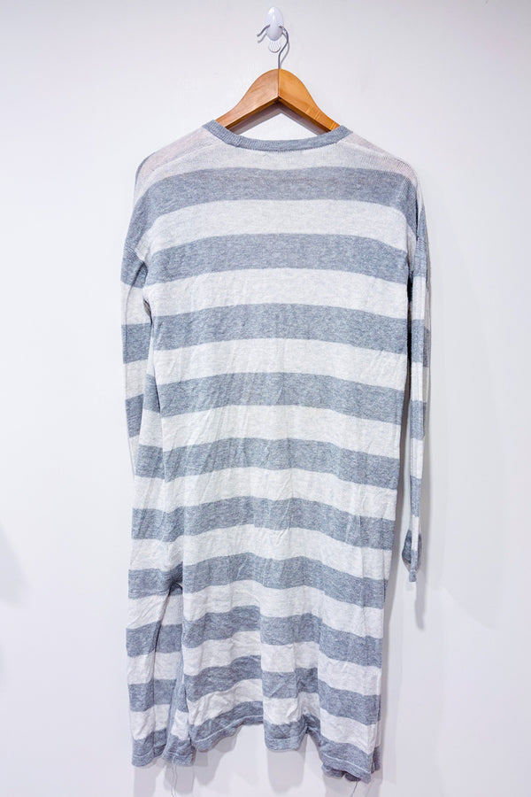 Cardigan ouvert long gris et crème rayé seconde main - Caroline Grace- La Penderie du Paradis