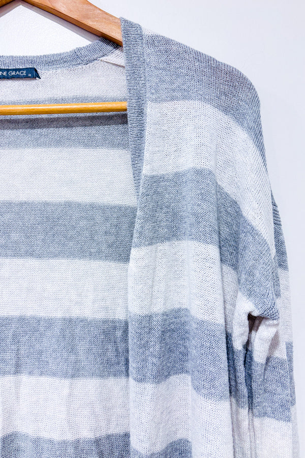 Cardigan ouvert long gris et crème rayé seconde main - Caroline Grace- La Penderie du Paradis