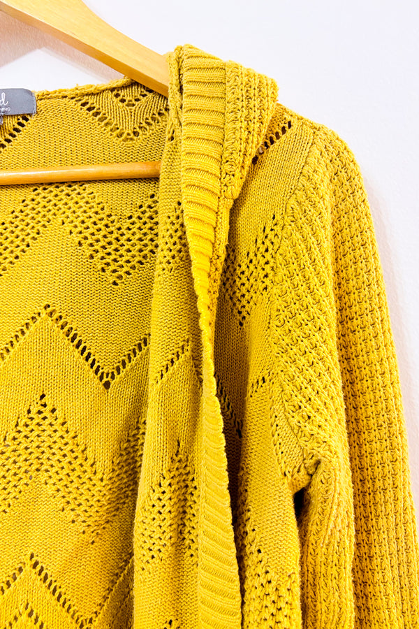 Cardigan ouvert jaune à capuchon en maille ajourée seconde main - Marled- La Penderie du Paradis