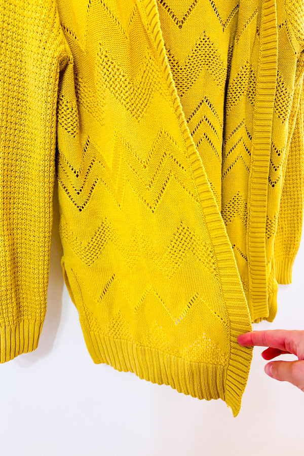 Cardigan ouvert jaune à capuchon en maille ajourée seconde main - Marled- La Penderie du Paradis