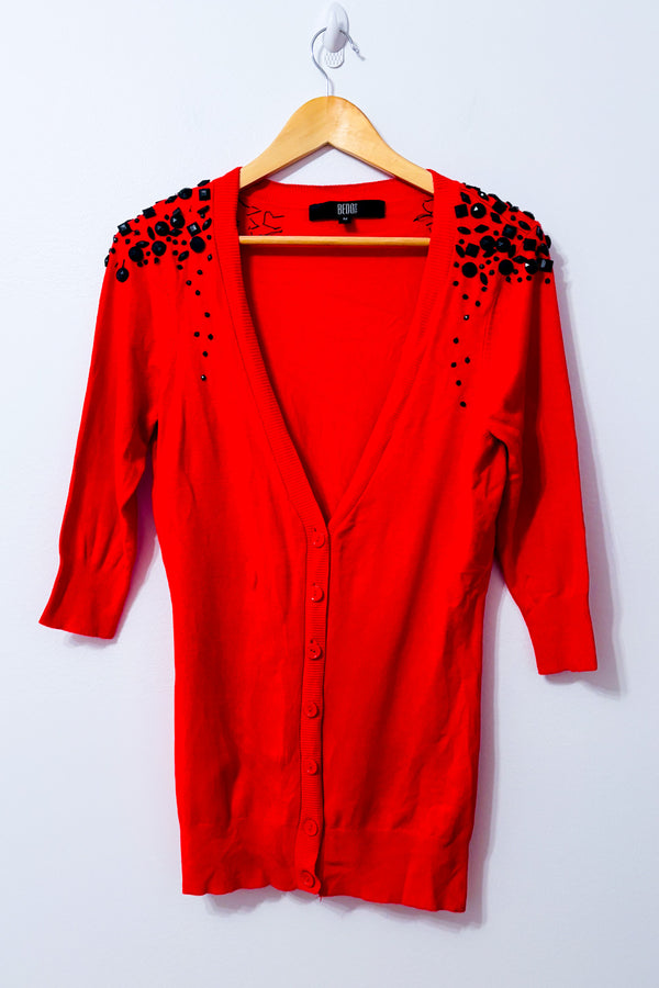 Cardigan long rouge à pierres noires seconde main - Bedo- La Penderie du Paradis
