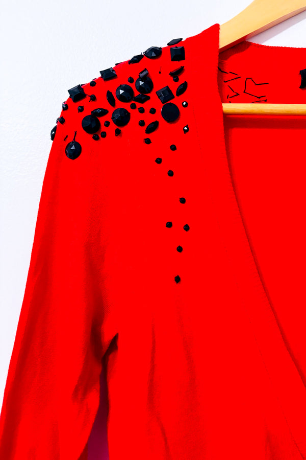 Cardigan long rouge à pierres noires seconde main - Bedo- La Penderie du Paradis
