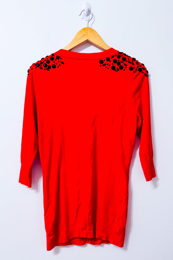 Cardigan long rouge à pierres noires seconde main - Bedo- La Penderie du Paradis