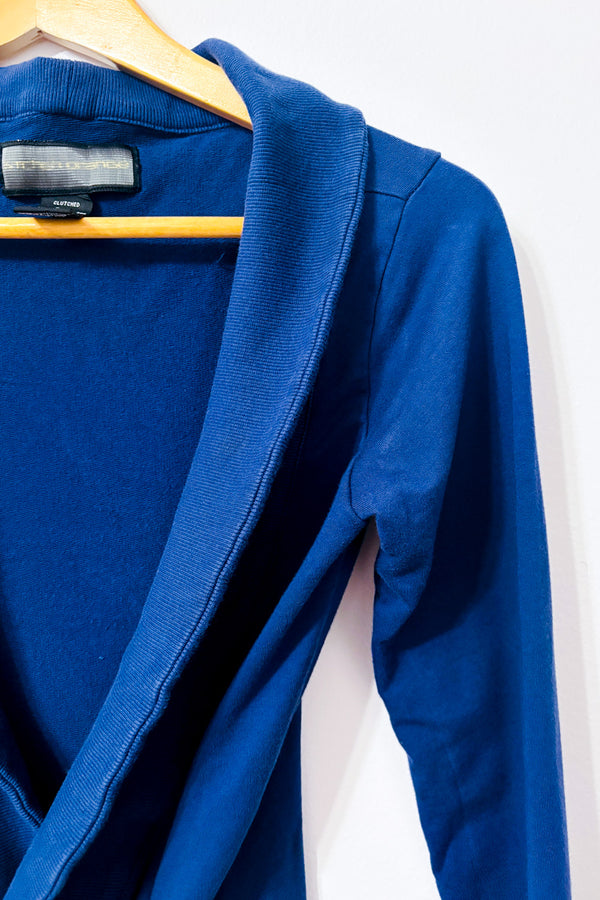 Cardigan bleu à col châle à nouer seconde main - Kitchen Orange- La Penderie du Paradis