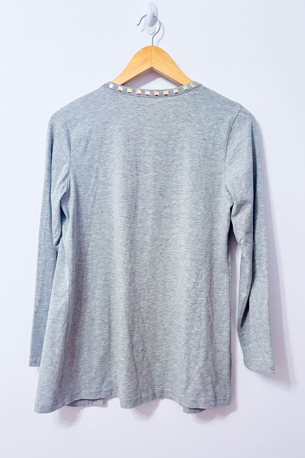 Cardigan long gris ouvert à studs dorés seconde main - Chantal Paris- La Penderie du Paradis