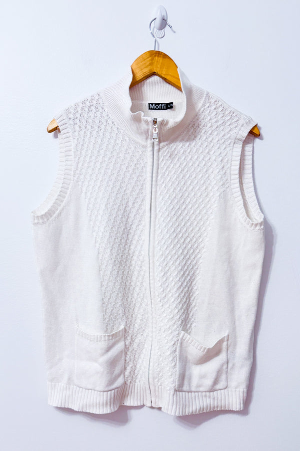 Veste en tricot blanche sans manches zippée seconde main - Moffi- La Penderie du Paradis