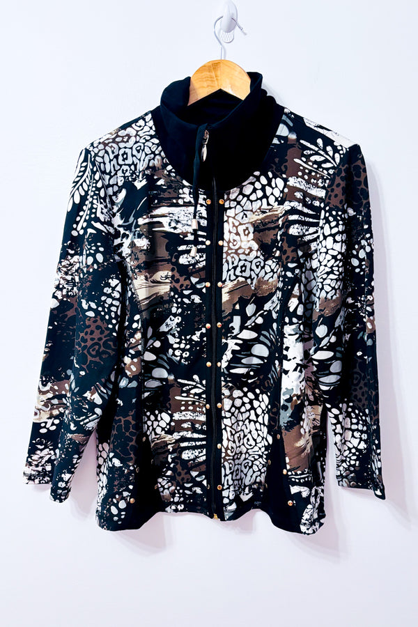 Veste zippée à motifs noir et brun col montant seconde main - Graffiti Petite- La Penderie du Paradis