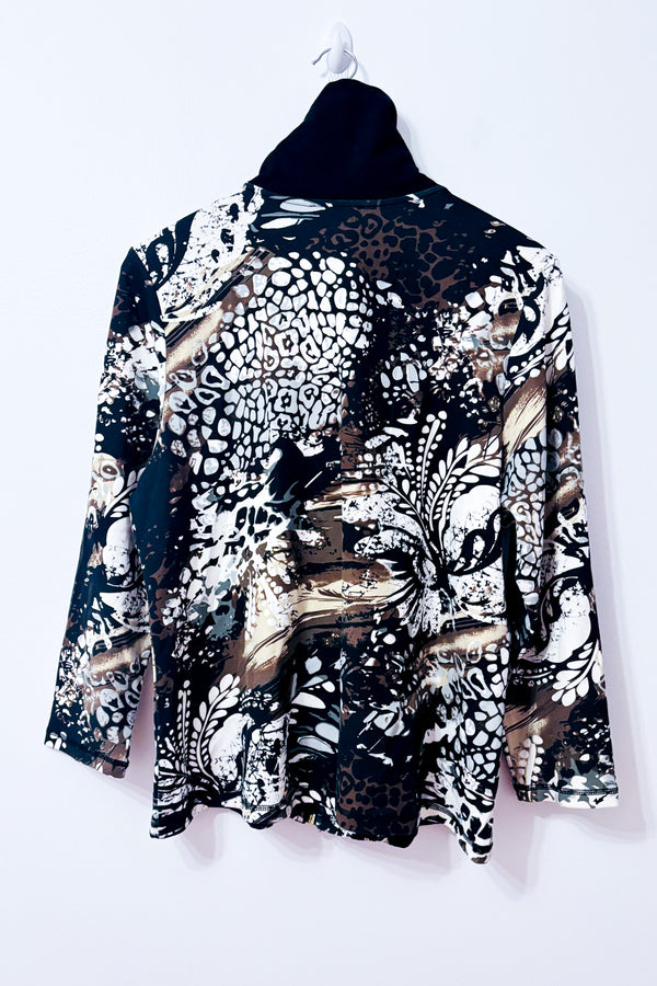 Veste zippée à motifs noir et brun col montant seconde main - Graffiti Petite- La Penderie du Paradis