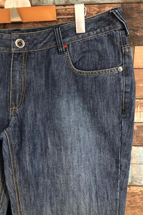 Jeans bleu jambe évasée détails verts (l) seconde main Orage