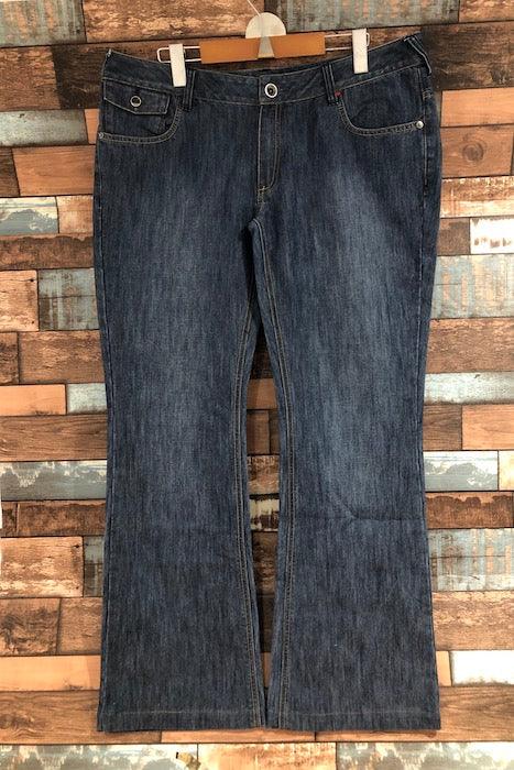 Jeans bleu jambe évasée détails verts (l) seconde main Orage