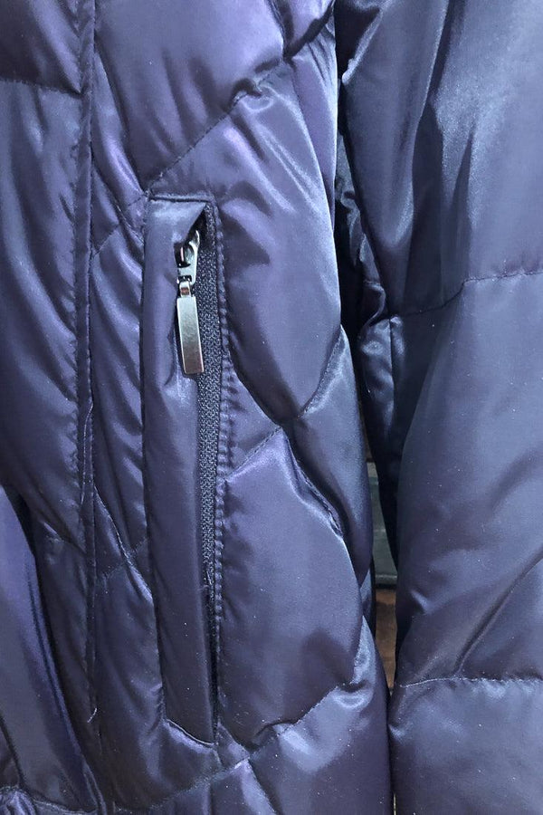 Manteau mauve gaufré doublé en duvet avec capuchon en fourrure (xl) seconde main Laura