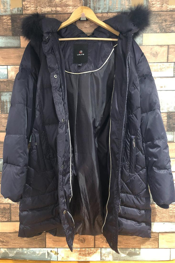 Manteau mauve gaufré doublé en duvet avec capuchon en fourrure (xl) seconde main Laura