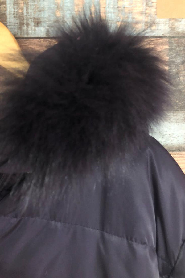 Manteau mauve gaufré doublé en duvet avec capuchon en fourrure (xl) seconde main Laura