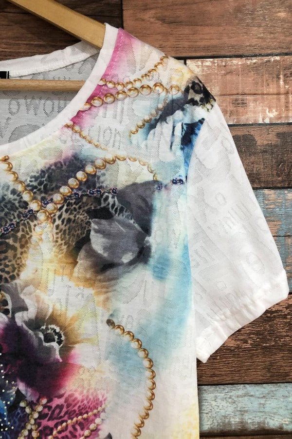 T-shirt blanc fleuri (m/l) seconde main Besca