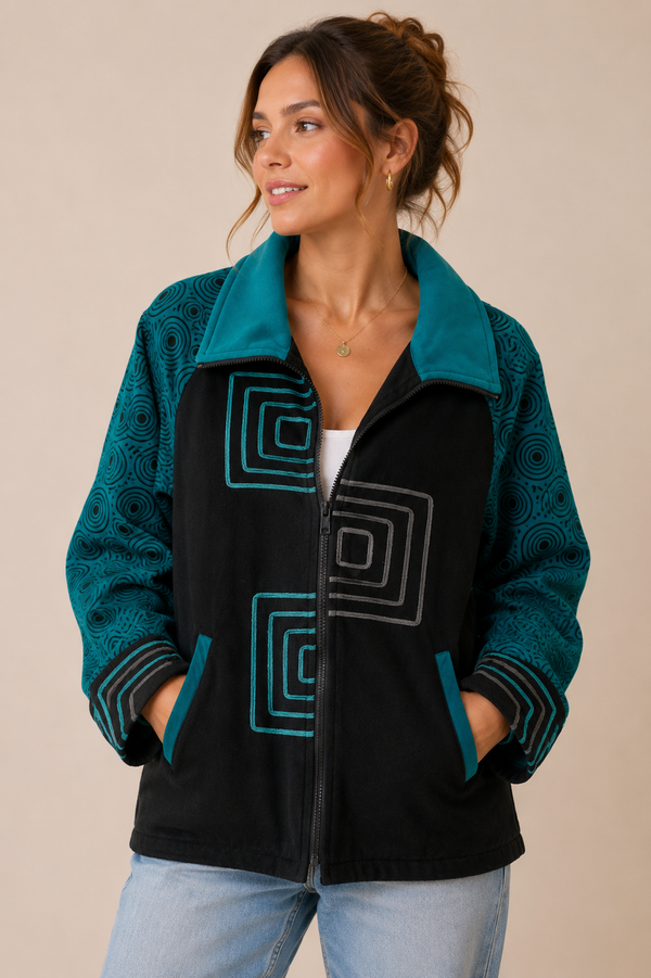 Veste vintage en coton verte et noire avec motifs seconde main - Sharanel- La Penderie du Paradis