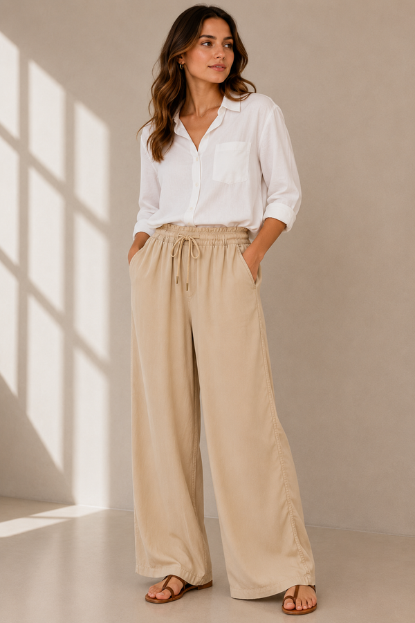 Pantalon ample beige à taille élastique* seconde main - Loft- La Penderie du Paradis
