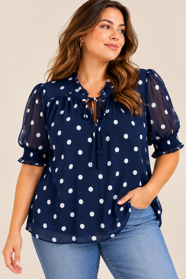Blouse fluide marine à pois blancs manches courtes seconde main - Tamara H.- La Penderie du Paradis