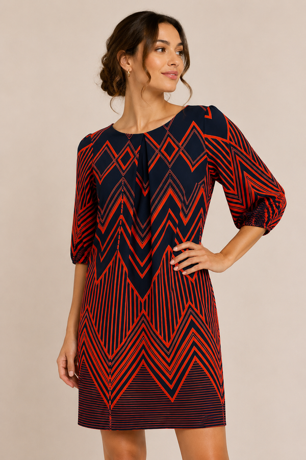 Robe marine et rouge à motif géométrique seconde main - En Focus Studio- La Penderie du Paradis