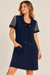 Robe marine à col drapé et manches transparentes* seconde main - Cazza Petite- La Penderie du Paradis