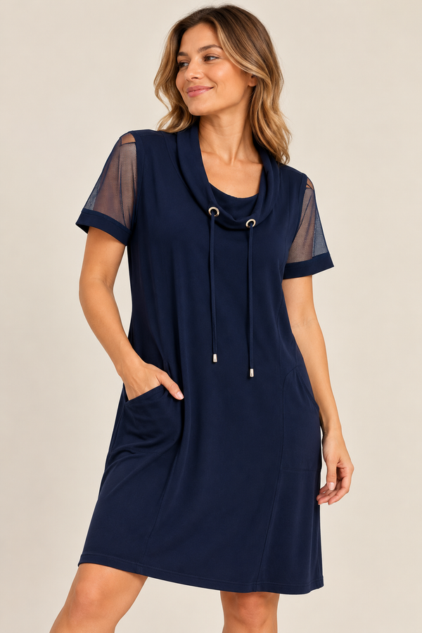 Robe marine à col drapé et manches transparentes* seconde main - Cazza Petite- La Penderie du Paradis