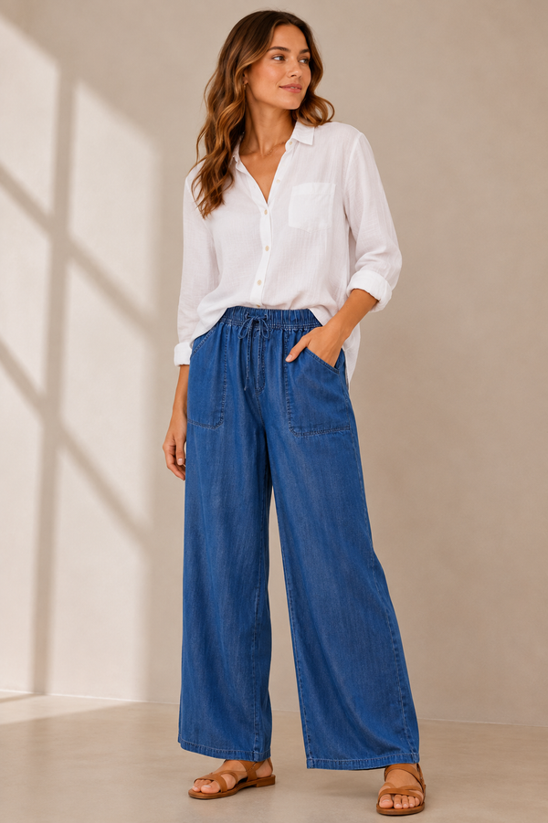 Pantalon léger bleu ample à taille élastique seconde main - Iyla- La Penderie du Paradis