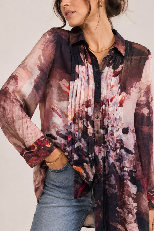 Chemise kaki et rose pâle à motifs en soie seconde main - Max Volmary- La Penderie du Paradis