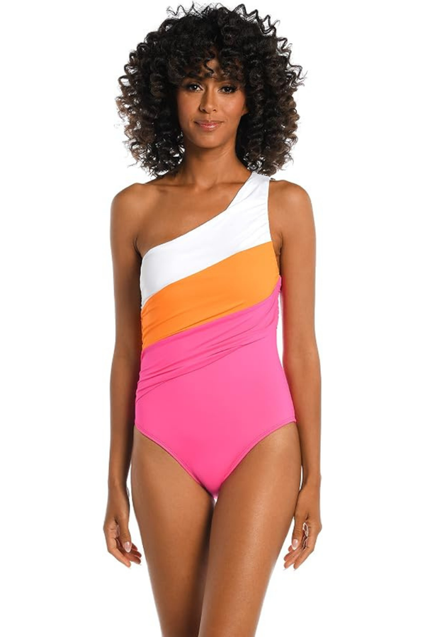 Maillot de bain une pièce asymétrique Island Goddess rose, blanc et orange* seconde main - La Blanca- La Penderie du Paradis