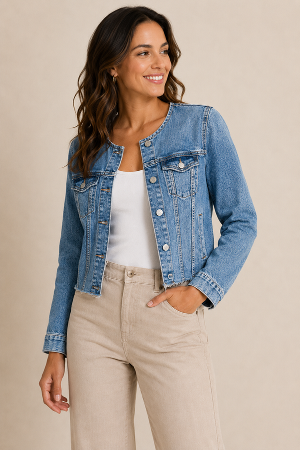 Veste en jean courte bleu pâle sans col* seconde main - Banana Republic- La Penderie du Paradis
