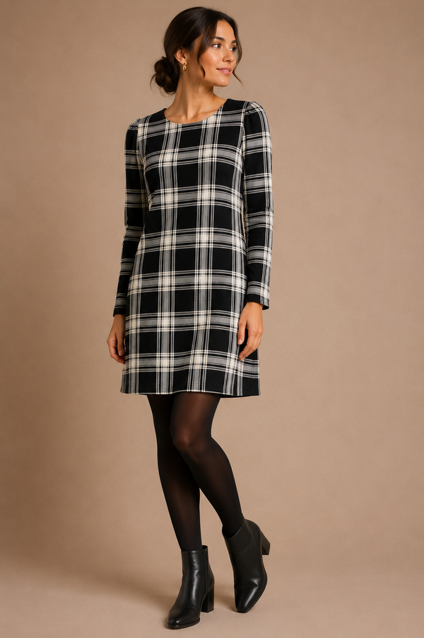 Robe droite noire et crème à carreaux seconde main - Le Château- La Penderie du Paradis