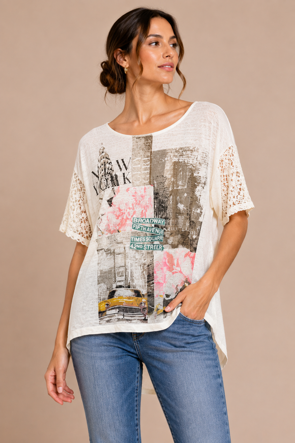 T-shirt blanc imprimé New York à dentelle seconde main - DH3- La Penderie du Paradis