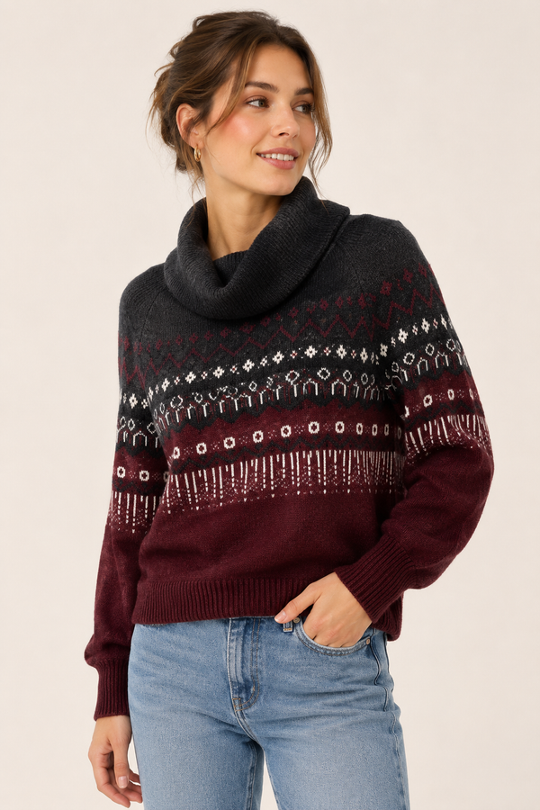 Chandail en tricot bourgogne à col roulé et motifs nordiques seconde main - RW&CO.- La Penderie du Paradis