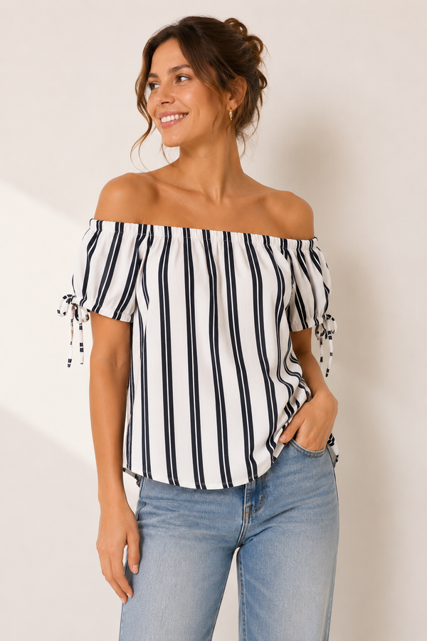Haut blanc et marine à épaules dénudées* seconde main - H&M- La Penderie du Paradis