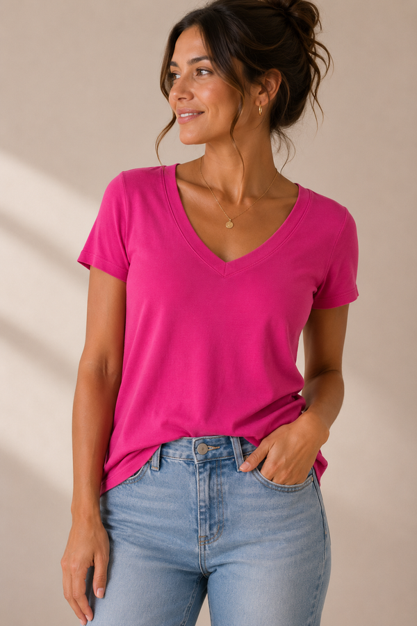 T-shirt basique rose fuchsia côtelé seconde main - Tribal- La Penderie du Paradis