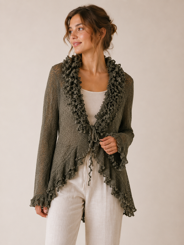 Cardigan vert en maille à nouer seconde main - Zen Den- La Penderie du Paradis