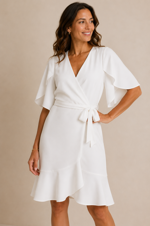 Robe portefeuille blanche à manches volantes* seconde main - DKNY- La Penderie du Paradis