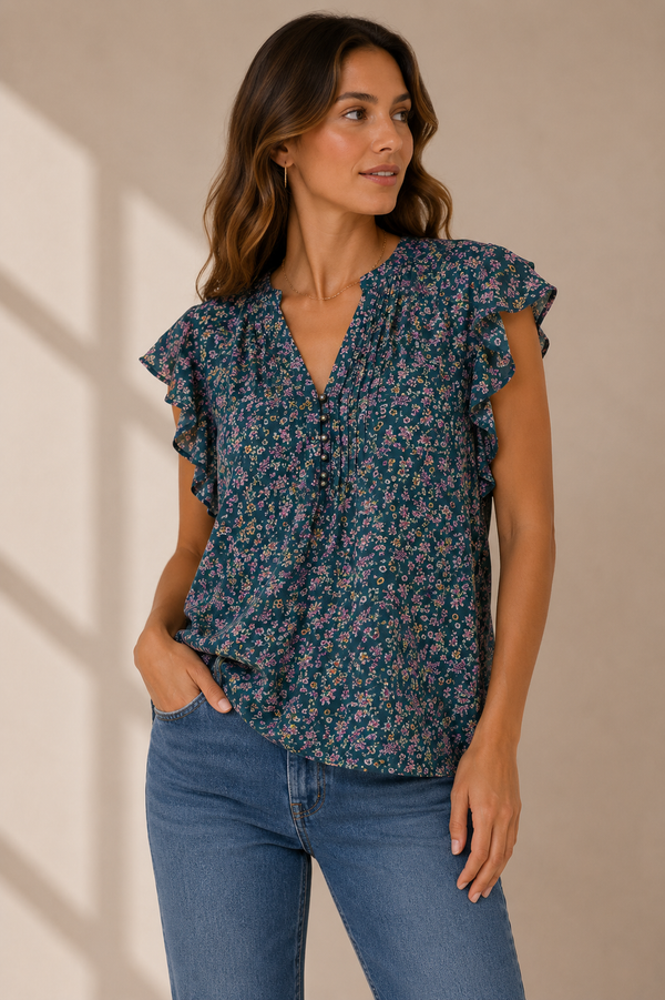 Blouse verte fleurie à manches volantes seconde main - Everleigh- La Penderie du Paradis