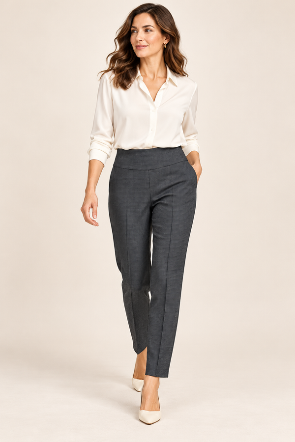 Pantalon gris à petits motifs à enfiler seconde main - S.C. & Co- La Penderie du Paradis