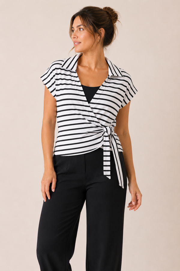 Cardigan cache-coeur noir et blanc rayé à nouer* seconde main - Ricki's- La Penderie du Paradis