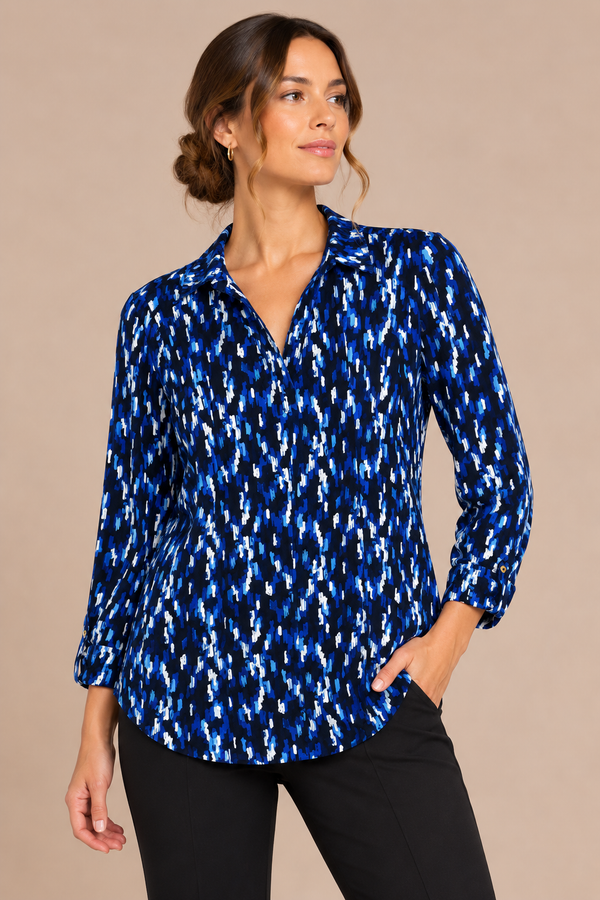 Blouse fluide noire et bleue à imprimé abstrait* seconde main - Jones New York- La Penderie du Paradis