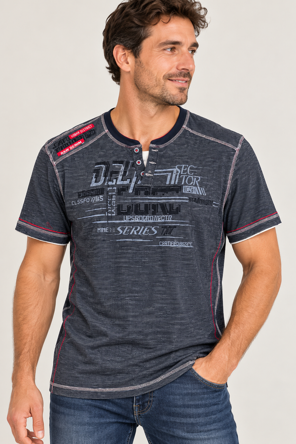 T-shirt gris rayé à imprimé graphique seconde main - TXT- La Penderie du Paradis