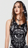 Black Goth Eye Dress Fitted Open Sides with Hood (l)