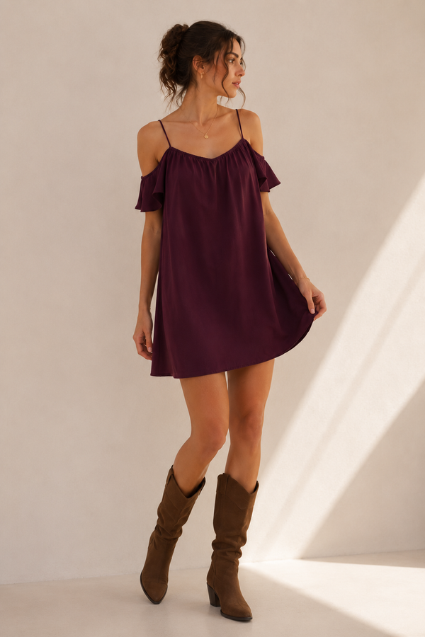Robe ample mauve épaules dénudées seconde main - Sincerely Mary- La Penderie du Paradis