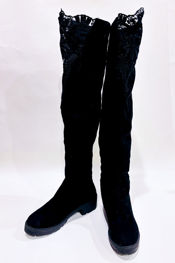 Bottes noires longues avec dentelle (8) seconde main - Autres- La Penderie du Paradis