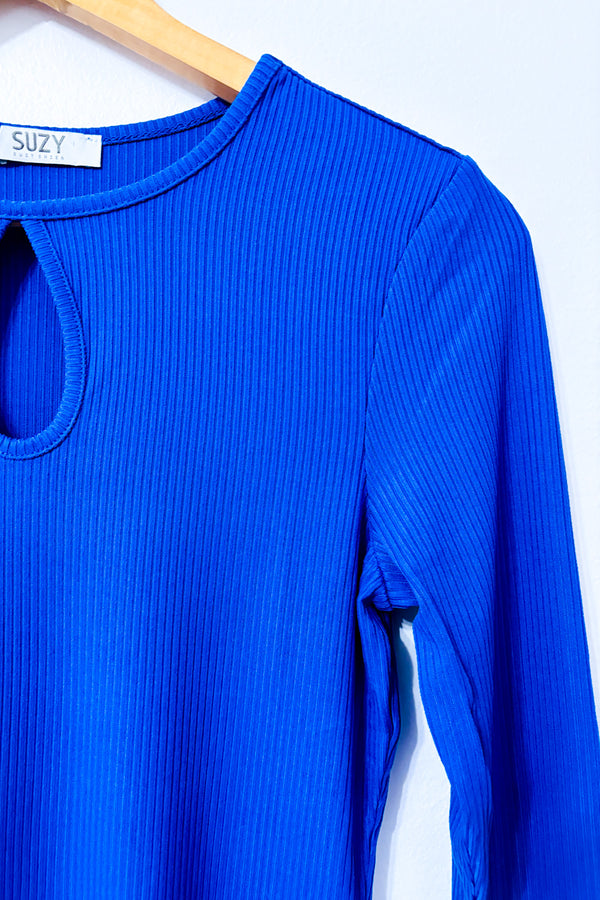 Chandail côtelé bleu indigo à ouverture goutte seconde main - Suzy Shier- La Penderie du Paradis